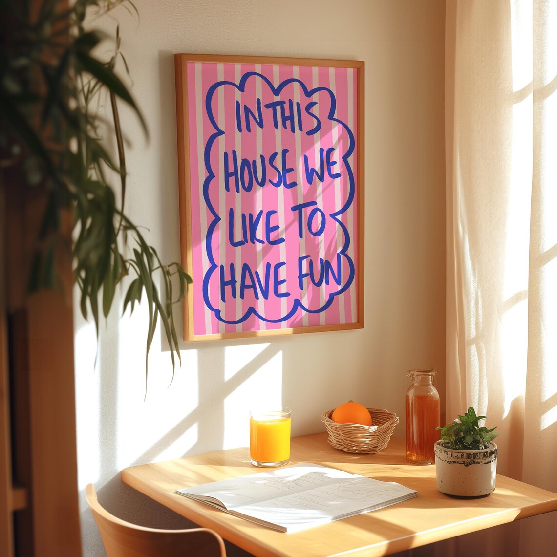In This House We Like To Have Fun Pink Striped Quote Wall Poster - Image 3