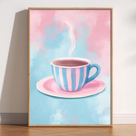 Tea Cup Wall Art Cute Painterly Kitchen Print Pink And Blue Striped Decor Trendy Poster Artsy Lover Gift Charming