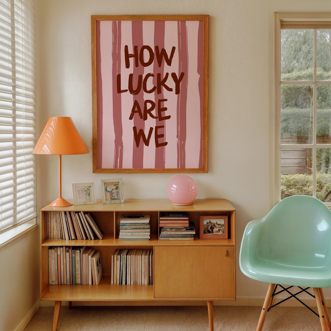 Hand Lettered How Lucky Are We Pink Striped Typography Quote Poster - Image 2