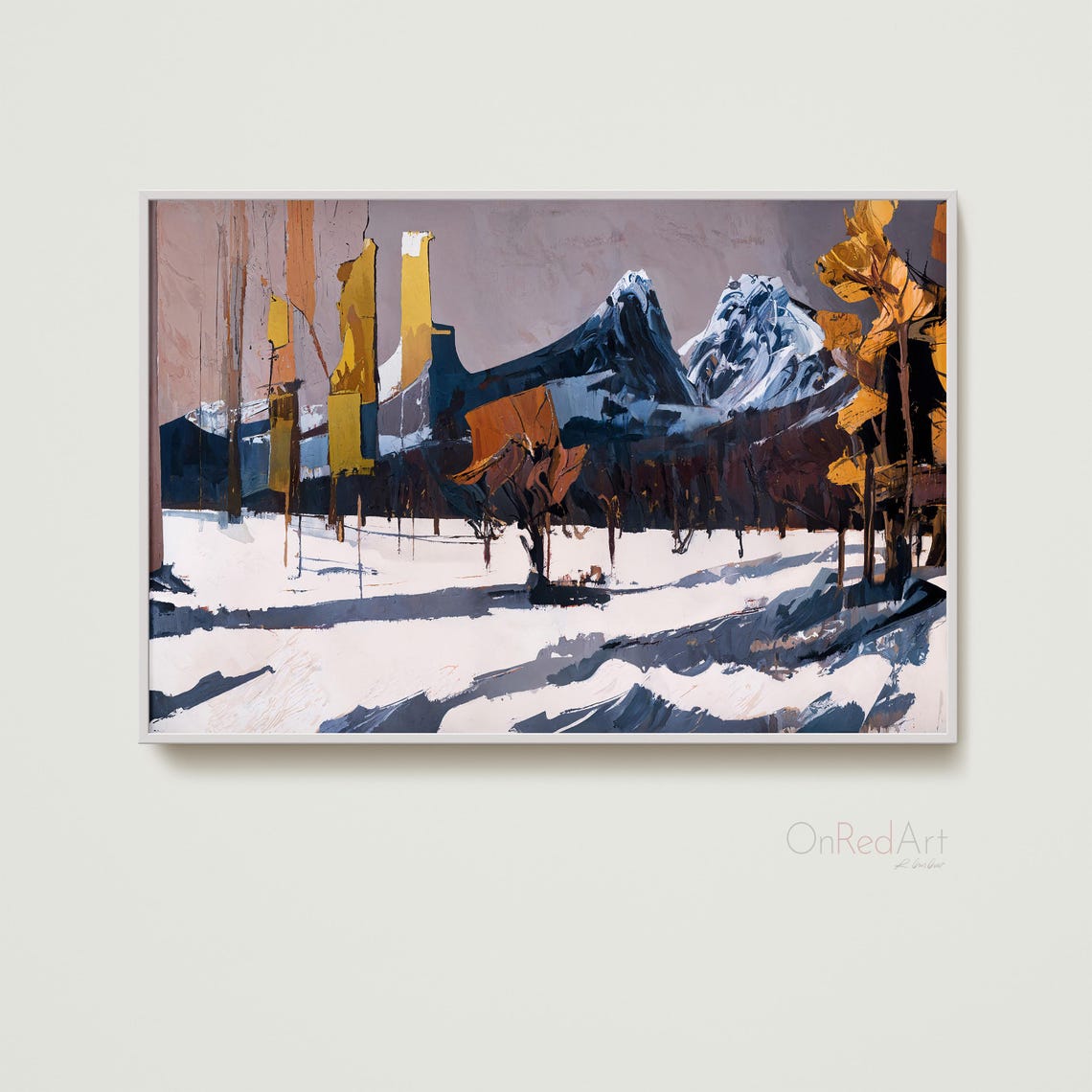 Winter Forest Landscape Art Print Abstract Snowy Pines And Mountains