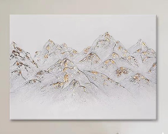 Snow Mountains Art White Gold Peak Acrylic Painting Thick Texture Original Modern Wall Art Winter Decor Hand Painted Festival Gift