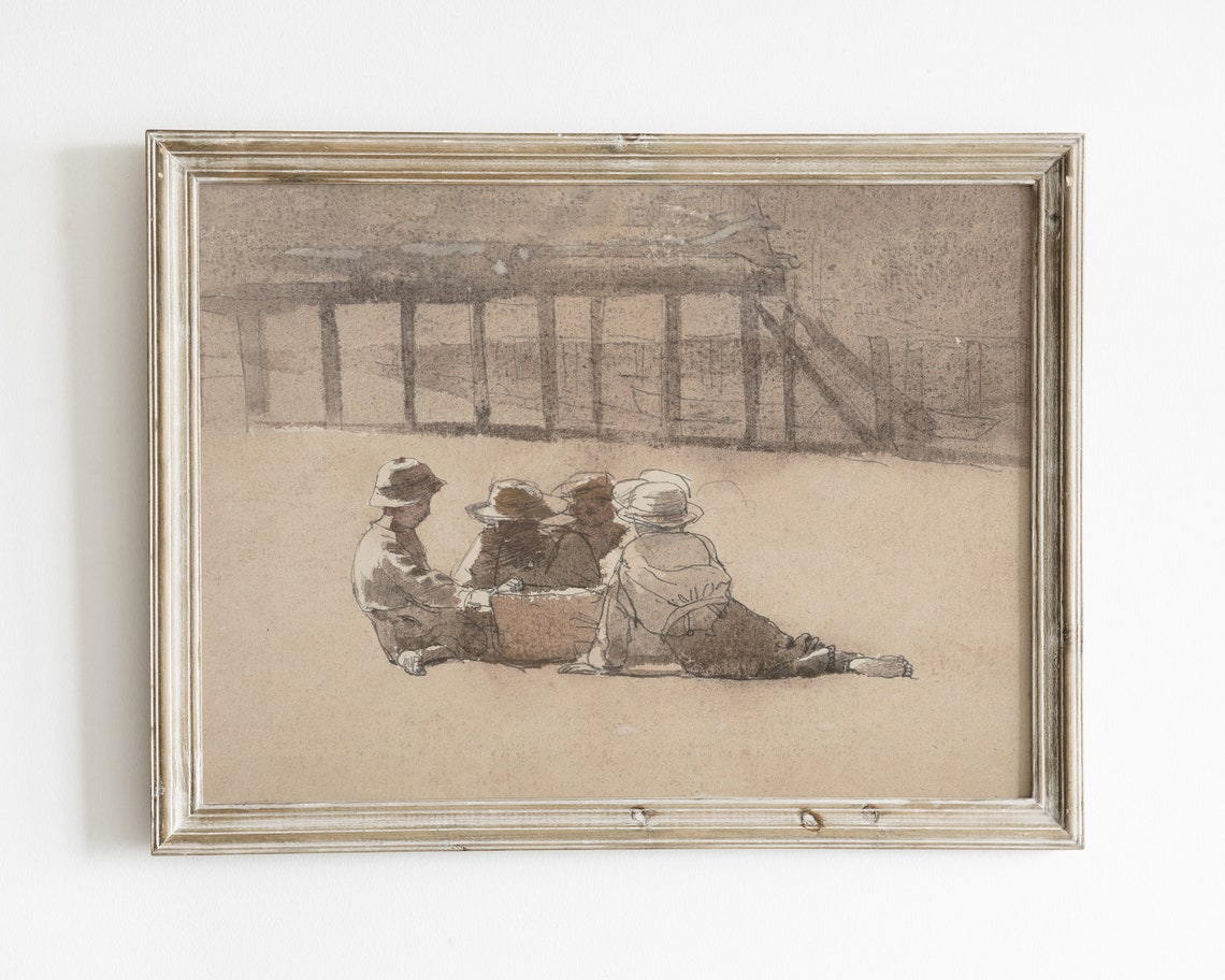 Brothers Sketch Art Print, Vintage Boys Room Line Art