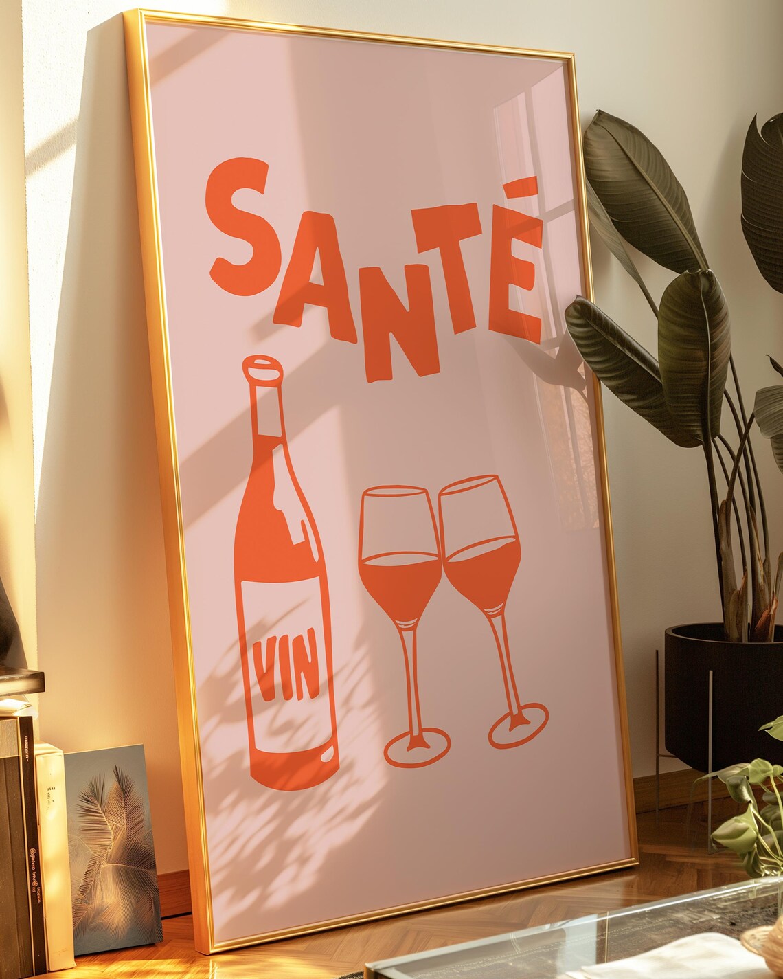 Sante Orange Wine Bottle Glasses Pink Background Kitchen Bar Poster - Image 3