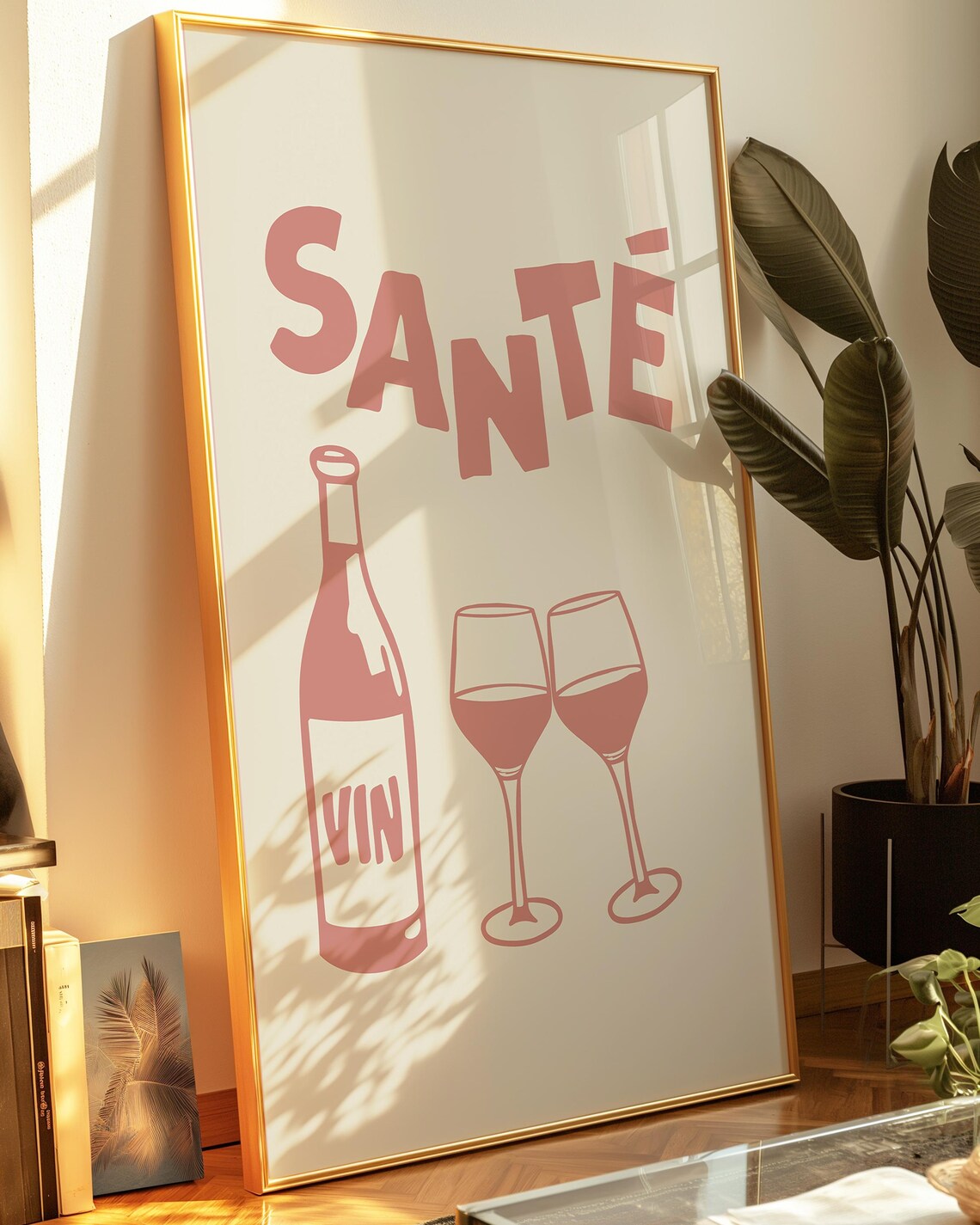 Sante Pastel Pink Wine Bottle Glasses French Bar Cart Decor Poster - Image 2