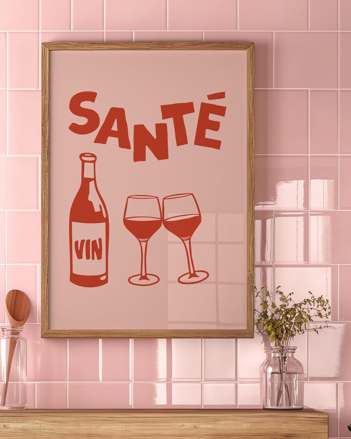 Sante Red Wine Bottle Glasses Blush Pink French Kitchen Bar Poster - Image 2