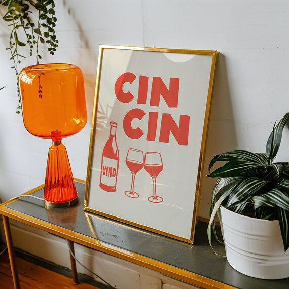 Red Cin Cin Italian Wine Toast Retro Bar Cart Wall Decor Poster