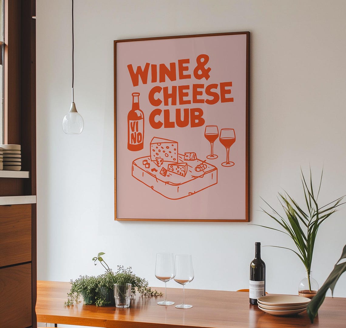 Wine and Cheese Club Red Cheese Board Vino Bottle Kitchen Poster - Image 3