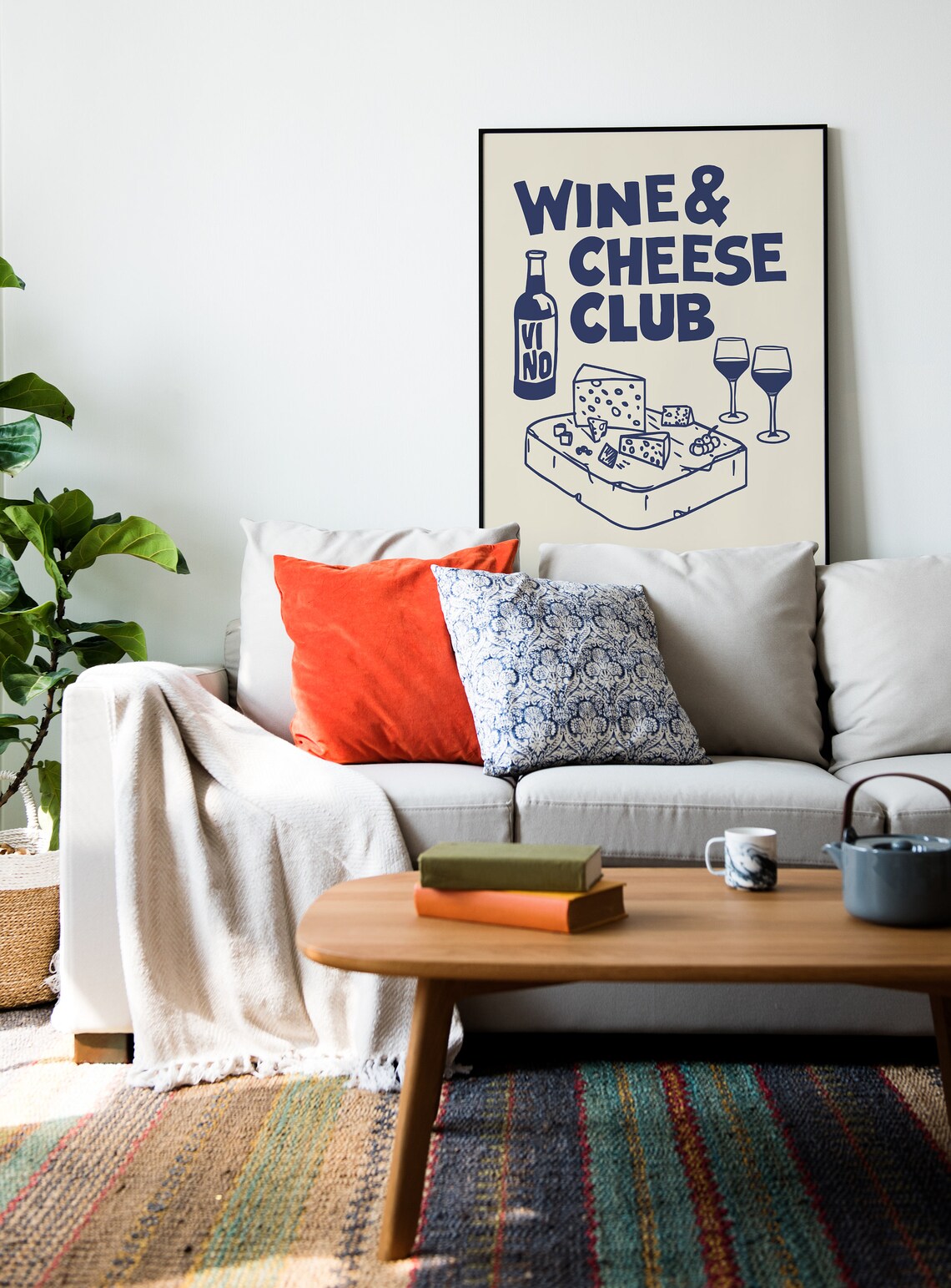 Navy Wine Cheese Club Retro Kitchen Illustration Cream Bar Decor Poster - Image 2