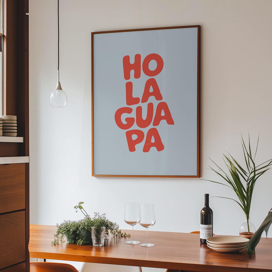 Hola Guapa Red Stacked Lettering Pale Blue Spanish Retro Fun Poster - Image 2