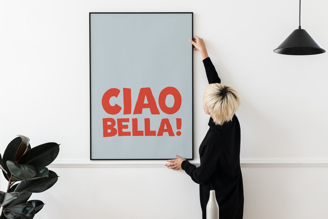 Ciao Bella Red Italian Phrase Dusty Blue Minimalist Typography Poster