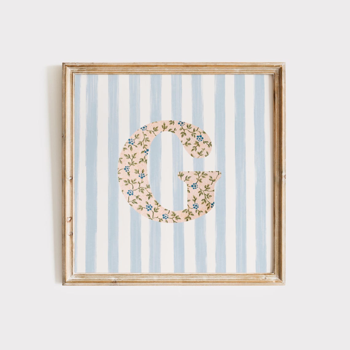 Floral Chintz Letter G Monogram Initial Blue Striped Wall Poster - Image 2