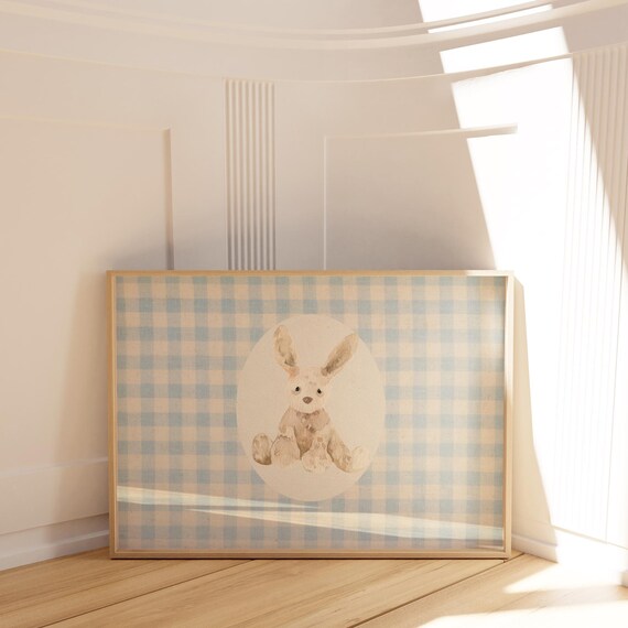 Blue Gingham Baby Bunny in Oval Watercolor Nursery Wall Poster