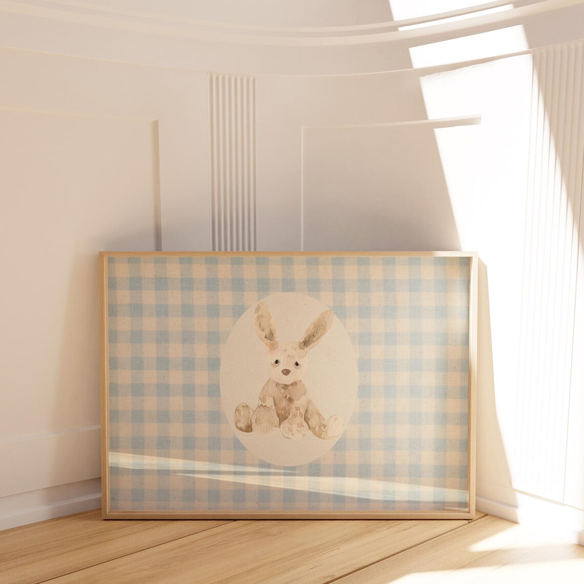 Blue Gingham Baby Bunny in Oval Watercolor Nursery Wall Poster