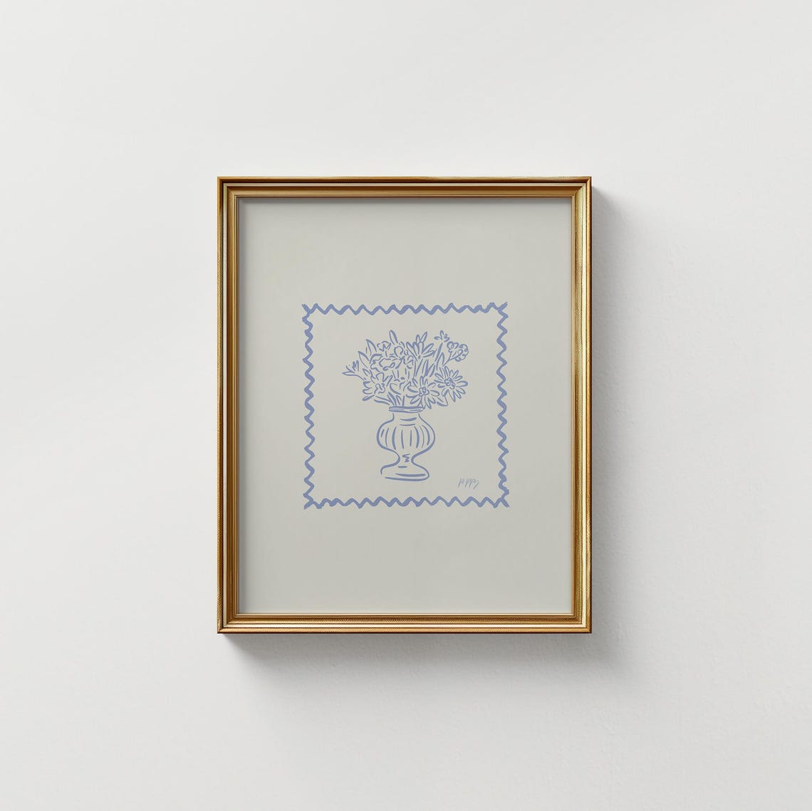 Blue Floral Urn Stamp Border Line Art Cream Print Vintage Poster - Image 5