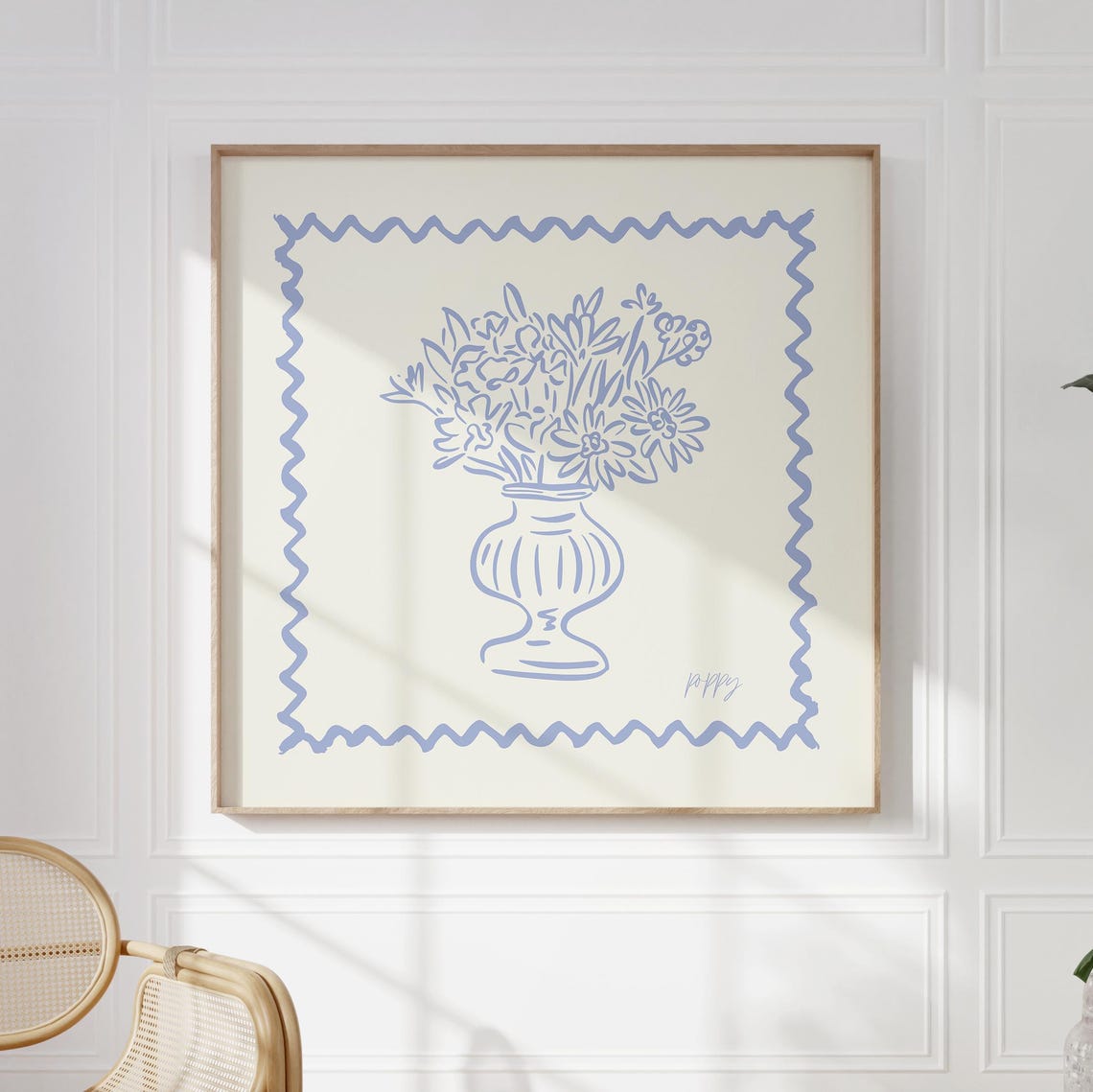 Periwinkle Blue Line Wildflowers Vase Zigzag Border Sketch Art Poster - Image 3