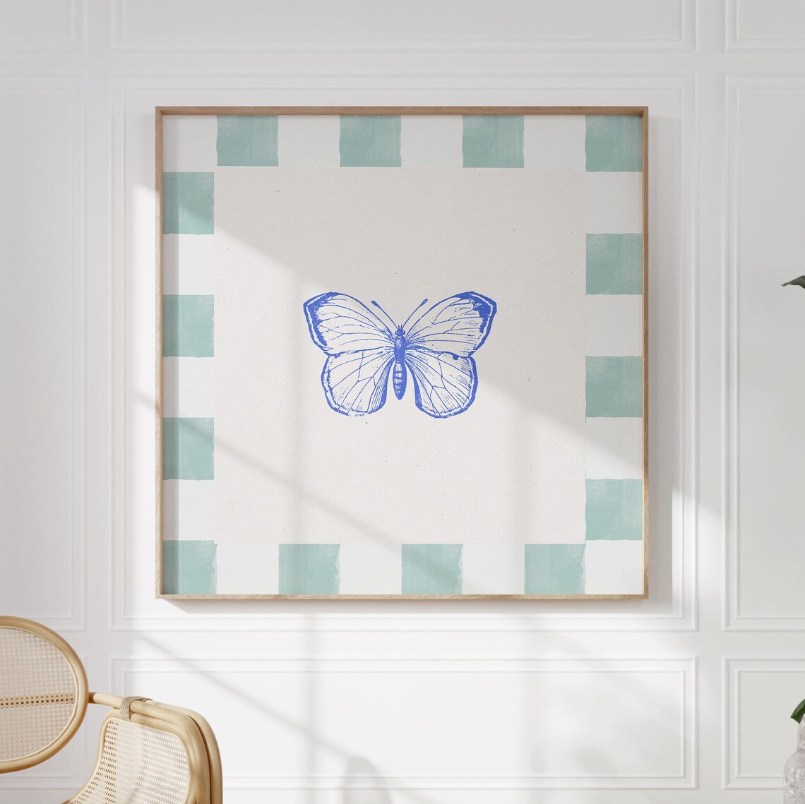 Cobalt Blue Butterfly Line Drawing on Mint Green Gingham Border Art Poster - Image 2