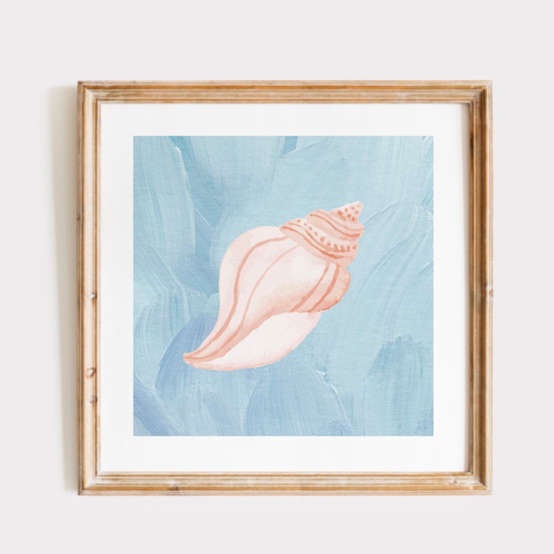 Blush Pink Conch Shell on Blue Watercolor Waves Square Art Print