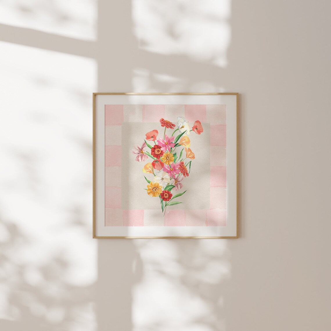 Colorful Watercolor Wildflower Bouquet Pink Checkered Poster - Image 2