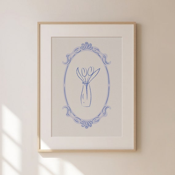 Blue Tulip Print Art Trendy Decor Abstract Vintage Painting Thin Line Products Blue Toile Nursery Decor Minimalist