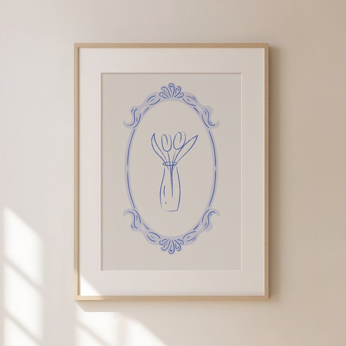 Minimalist Blue Line Tulip Vase Baroque Oval Frame Art Poster