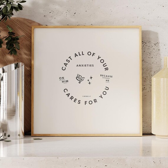 Cast Your Anxieties On Him Square Print Wall Art Trendy Decor Minimalist Illustration Living Room Bible Verse Christian Quote