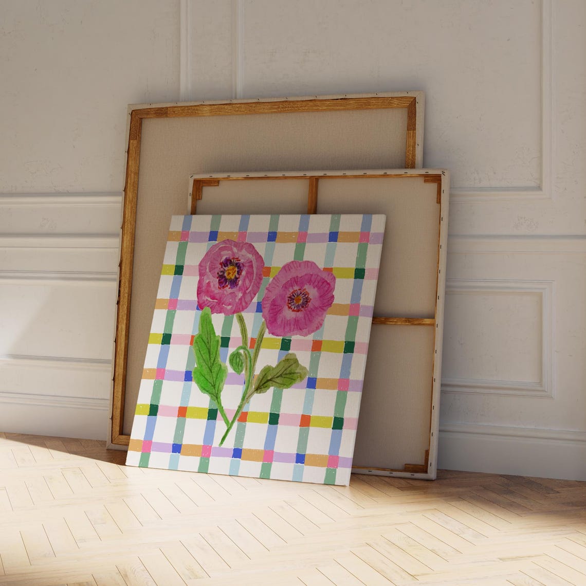 Two Pink Poppy Flowers Colorful Check Plaid Nursery Square Wall Art - Image 4
