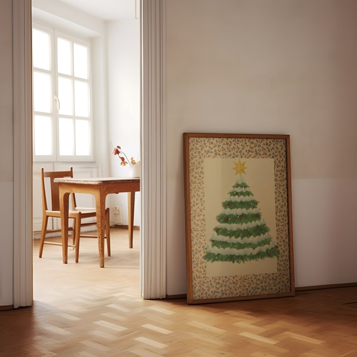 Snowy Christmas Tree Poster with Gold Star and Floral Border - Image 2