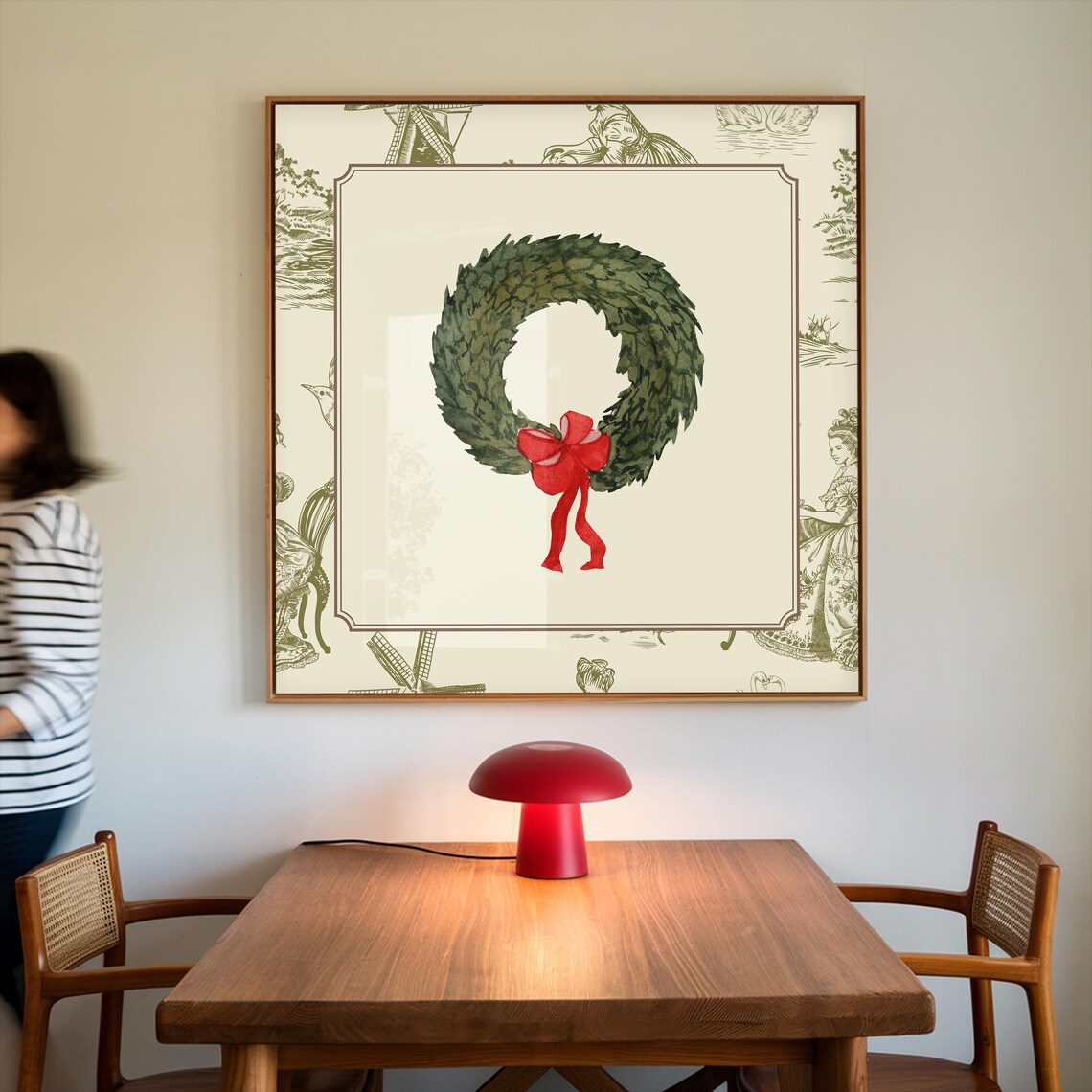Green Toile Border Christmas Wreath Red Bow Watercolor Holiday Poster - Image 4