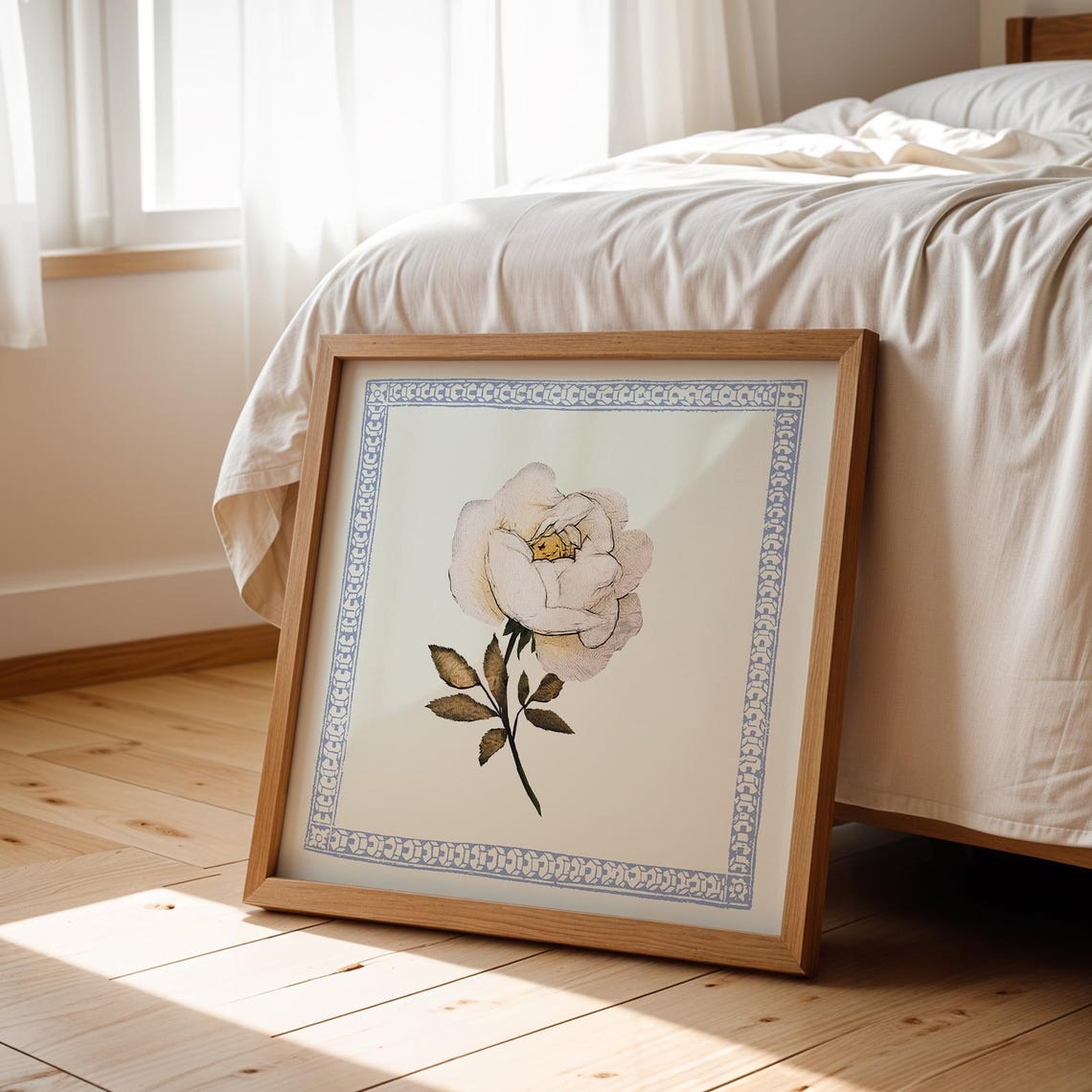 White Rose Vintage Botanical Blue Border Framed Wall Art Print Poster - Image 3