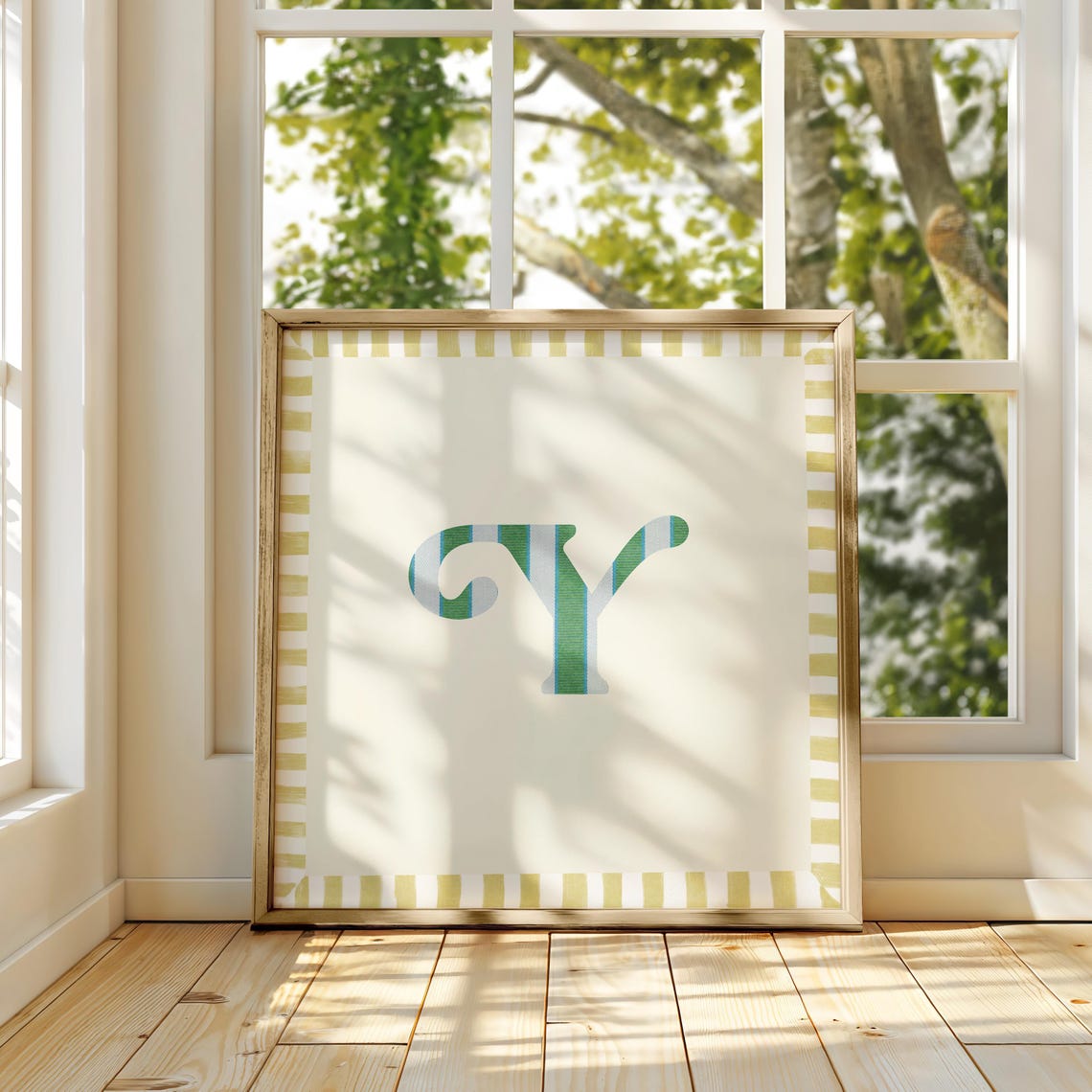 Swash Letter Y Green Blue Striped Monogram Cream Framed Art Print - Image 4
