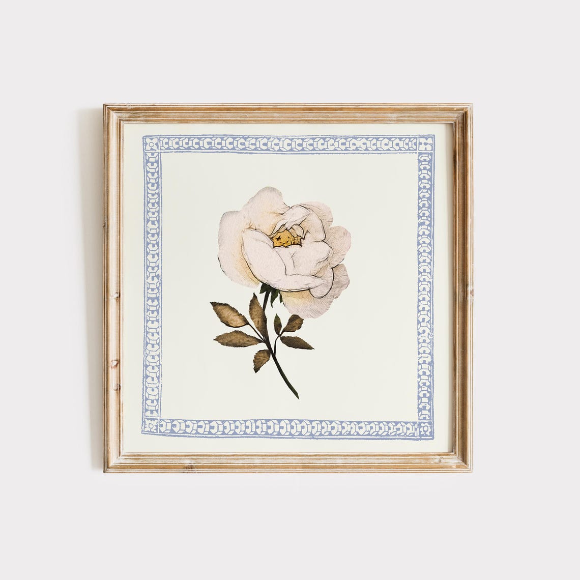 White Rose Vintage Botanical Blue Border Framed Wall Art Print Poster