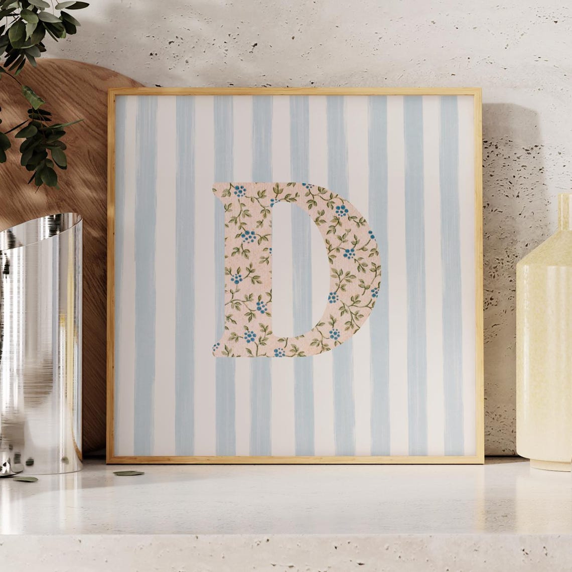Floral Chintz Letter D Monogram Initial Blue Striped Wall Poster - Image 2