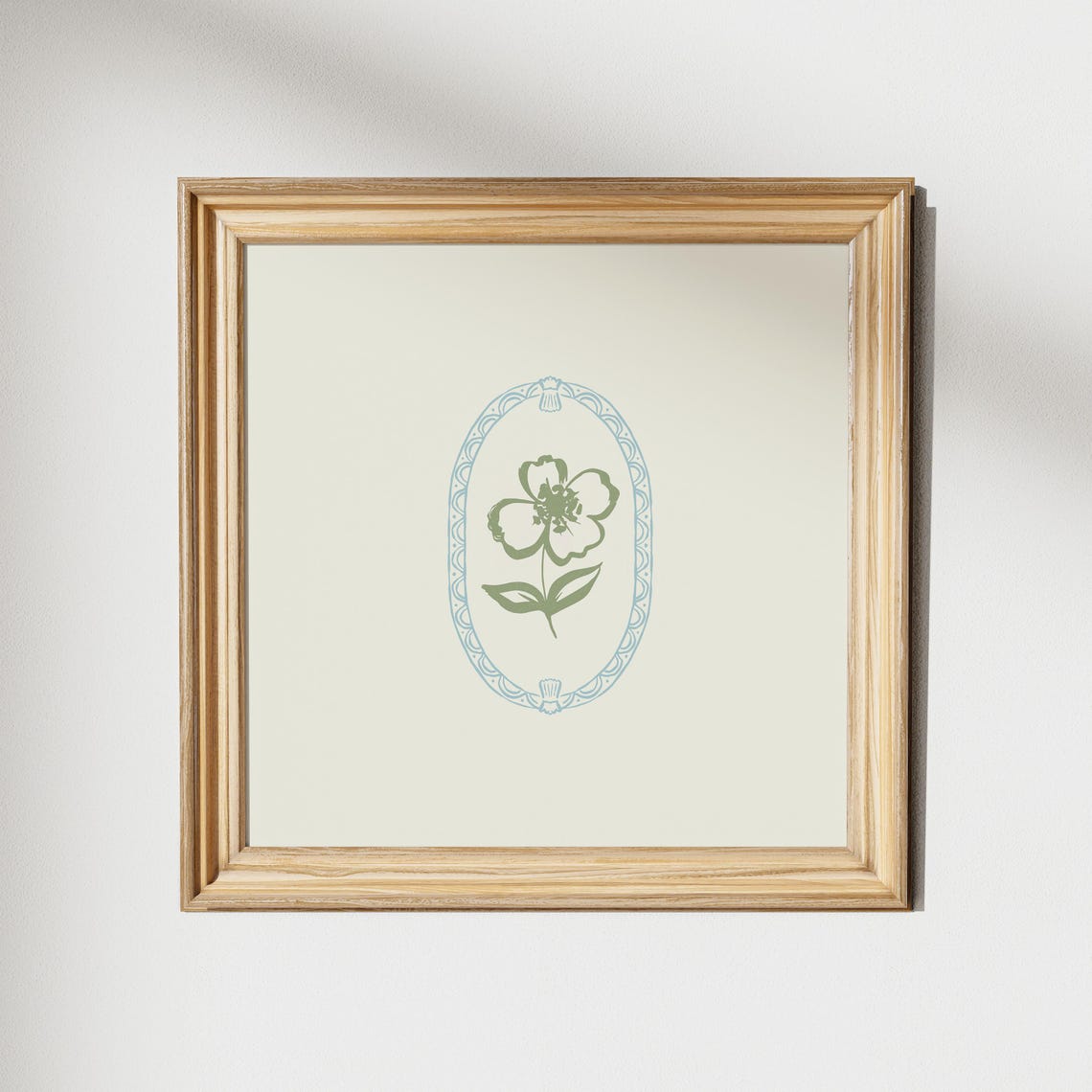 Minimal Green Wildflower Line Art Poster in Oval Cameo Frame