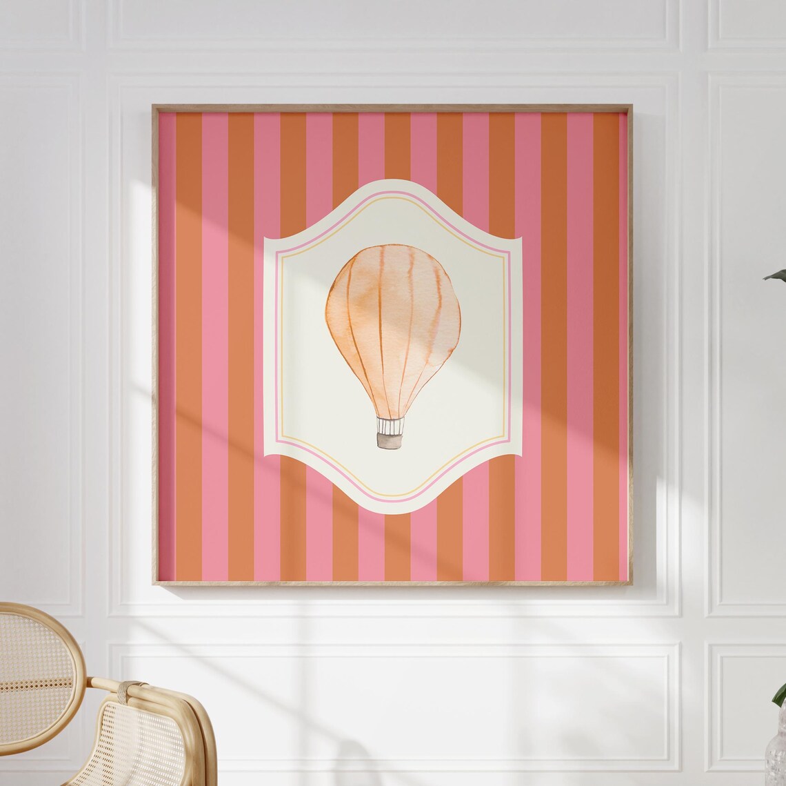 Peach Hot Air Balloon Watercolor Pink Striped Nursery Wall Art Print - Image 3