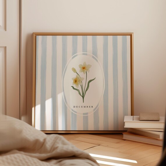 December Narcissus Birth Flower Watercolor Striped Art Poster