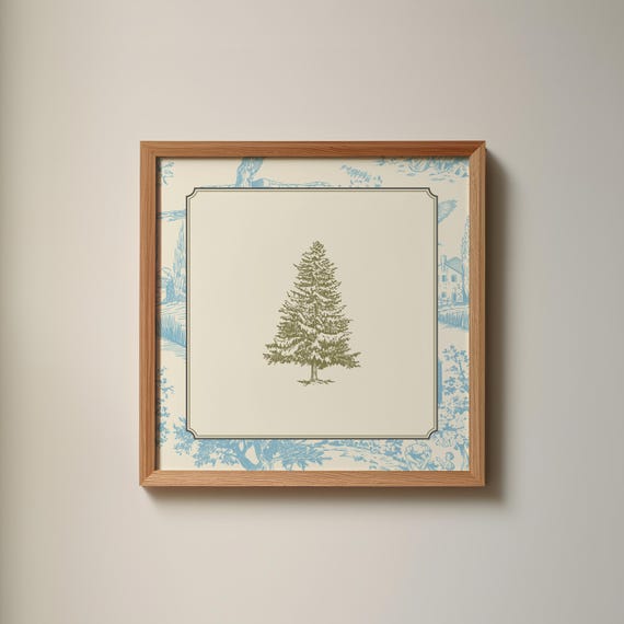 Vintage Blue Toile Pine Tree Print Wall Art Trendy Decor Cottage Nursery