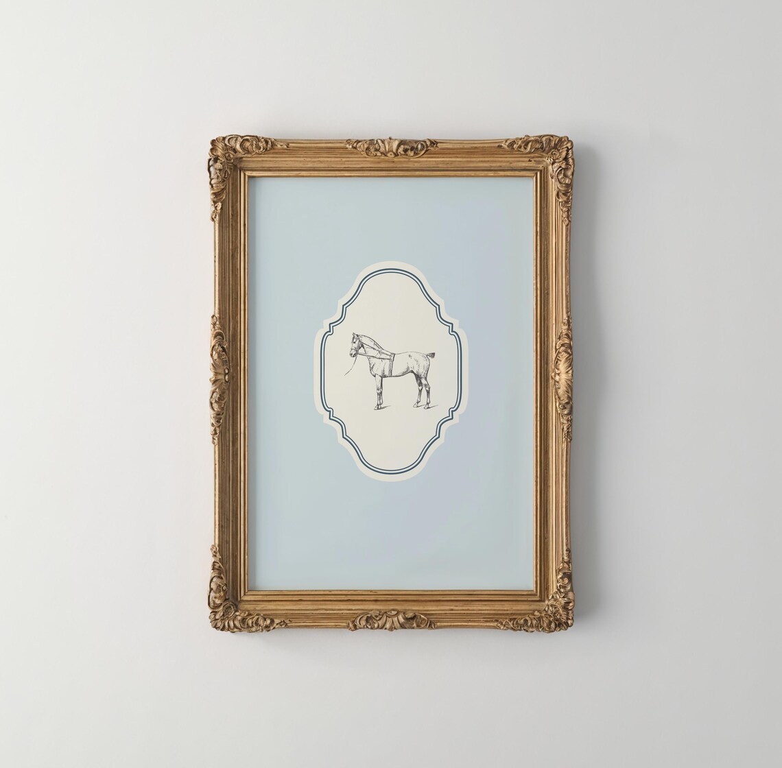 Vintage Horse Line Drawing Baby Blue Ornate Vertical Nursery Poster - Image 5