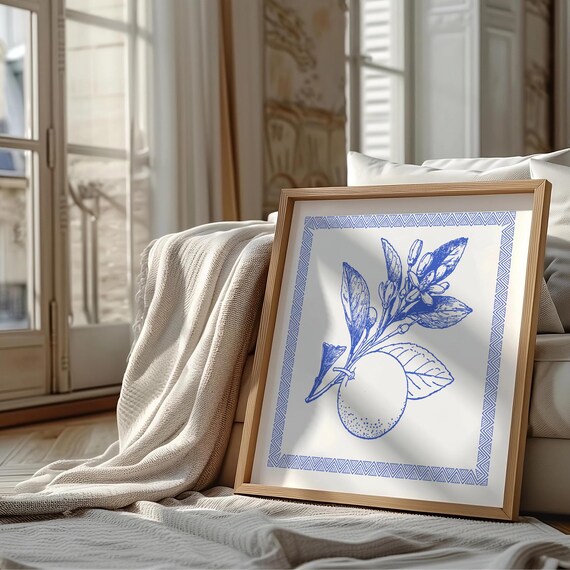 Crisp Blue Line Orange Branch with Herringbone Border Poster