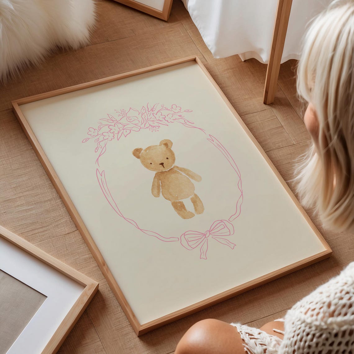 Watercolor Teddy Bear Pink Floral Wreath Baby Nursery Wall Art - Image 3