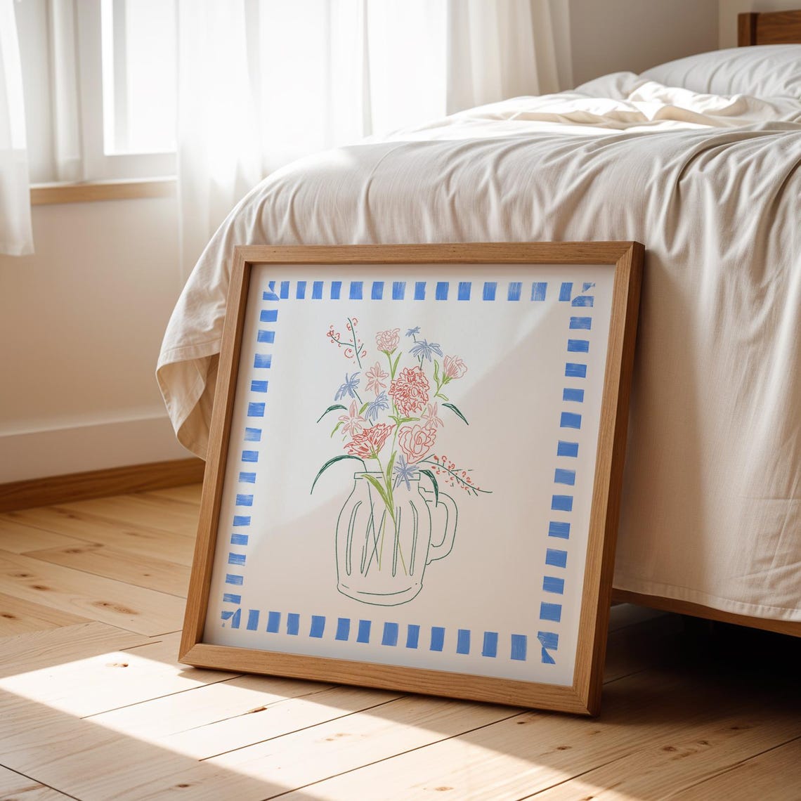 Mason Jar Wildflower Bouquet Cobalt Blue Border Farmhouse Poster - Image 3