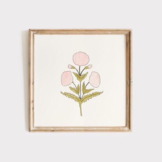 Delicate Blush Pink Dahlia Stem Minimalist Botanical Illustration Poster
