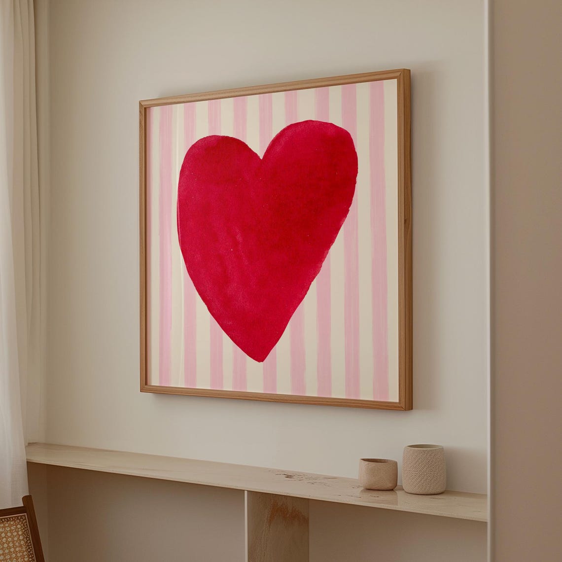 Bright Red Watercolor Heart Pink Striped Square Valentine Art Poster - Image 5