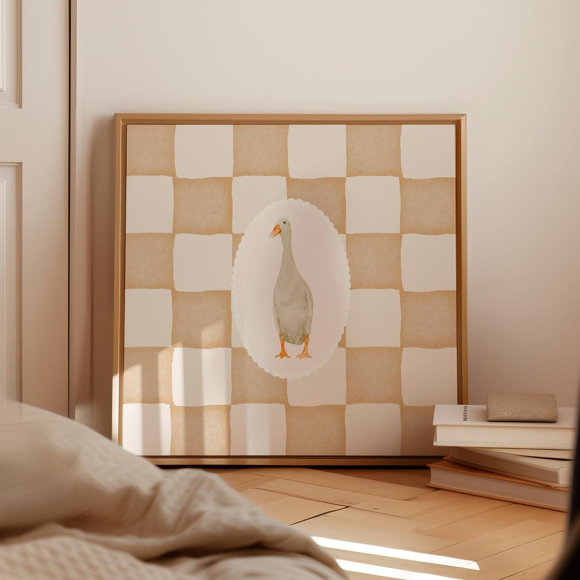 Watercolor Goose Oval Medallion Peach Checkerboard Nursery Poster
