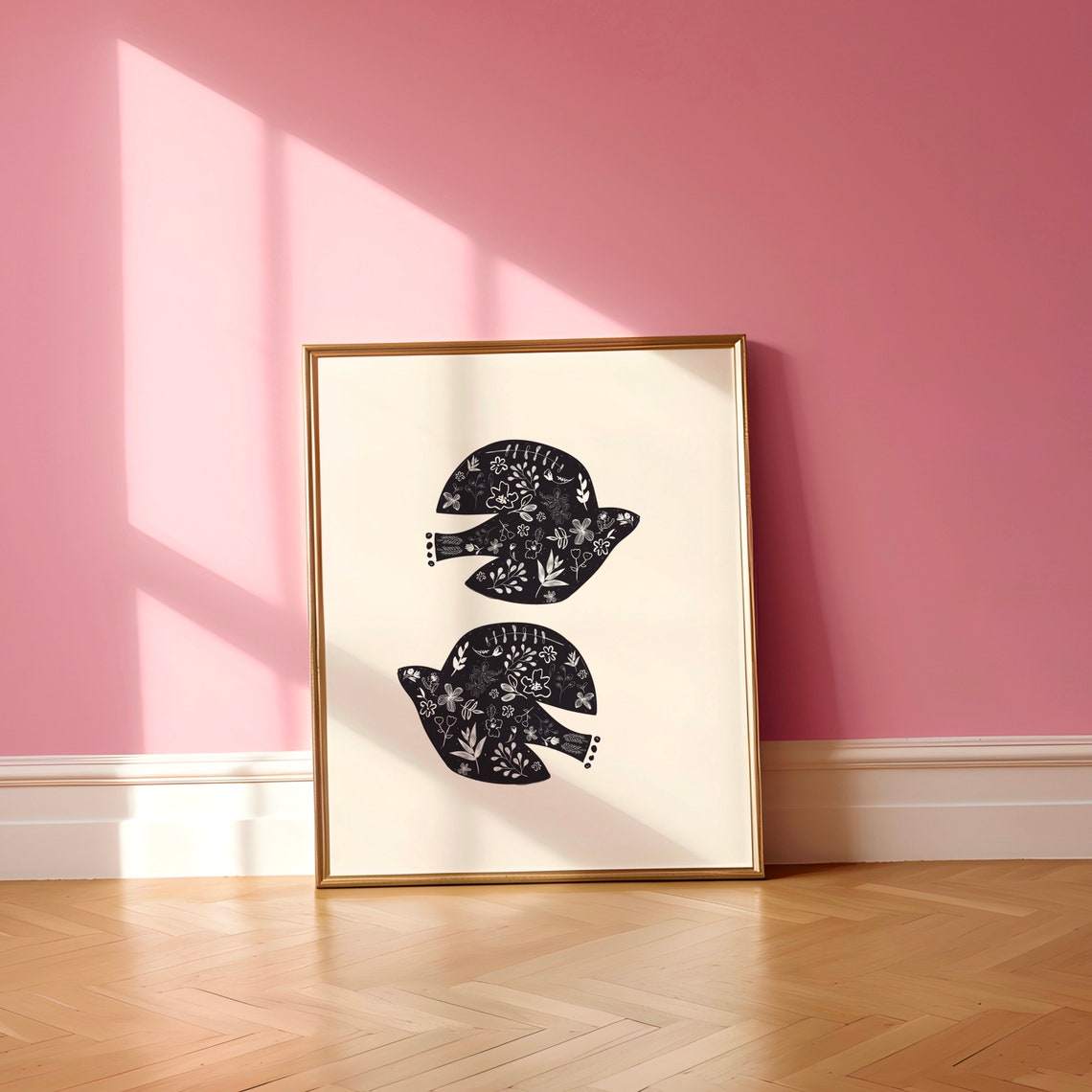 Striking Black Floral Bird Pair Botanical Abstract Vintage Wall Art - Image 2