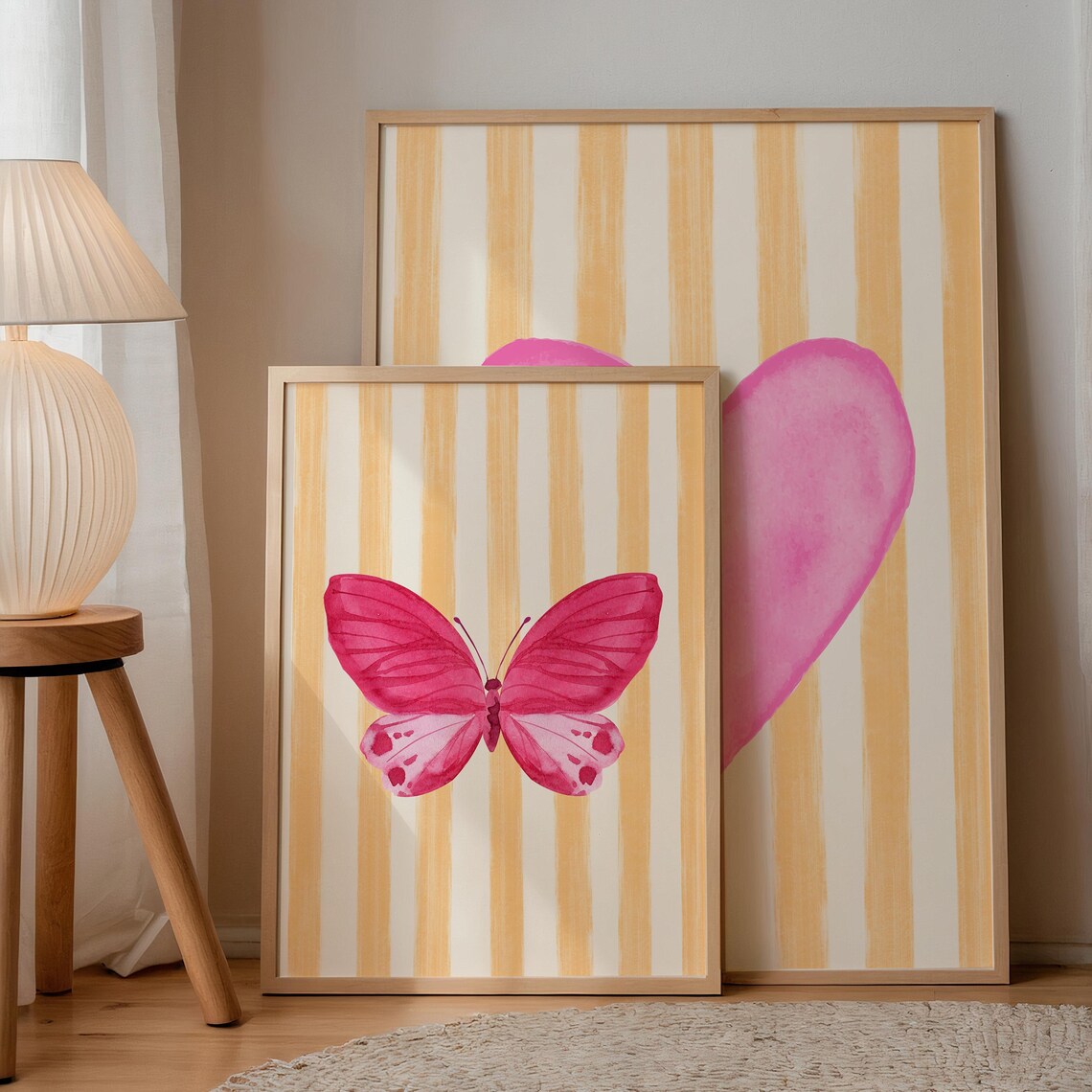Pink Watercolor Butterfly Peach Stripe Background Nursery Art Poster