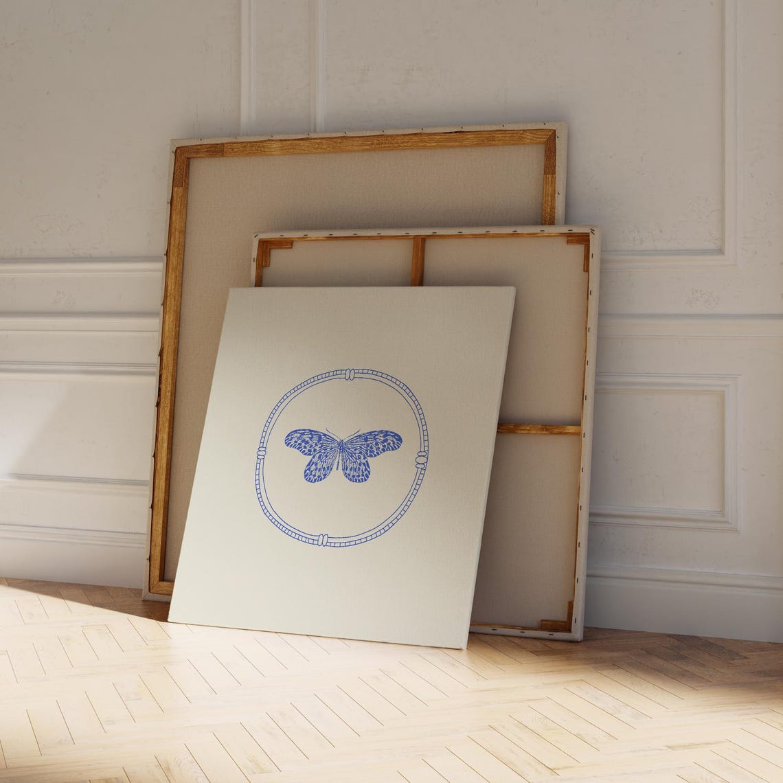 Blue Line Butterfly Vintage Oval Frame Nursery Cottage Wall Art Poster - Image 4