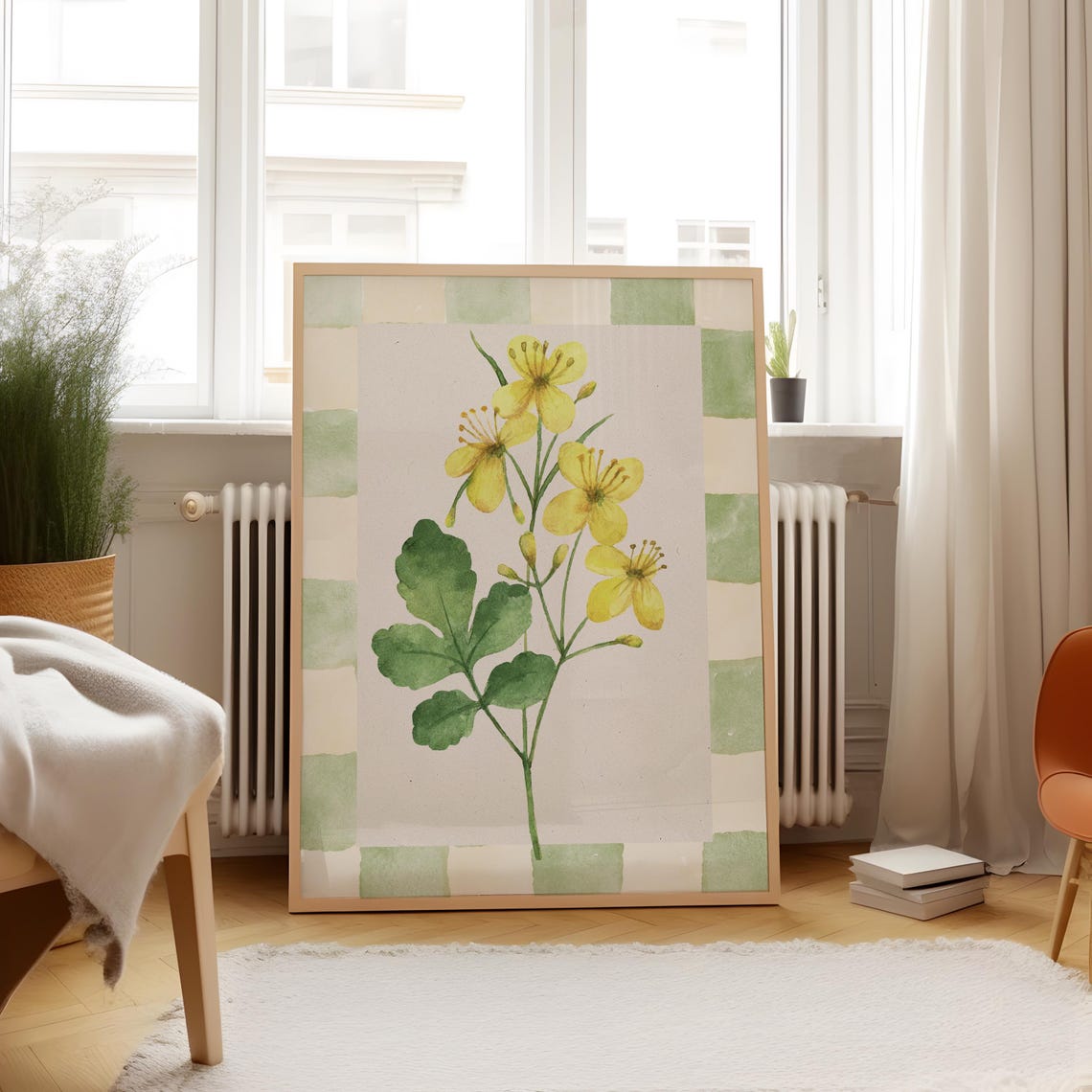 Yellow Wildflower Watercolor with Green Gingham Border Print - Image 2