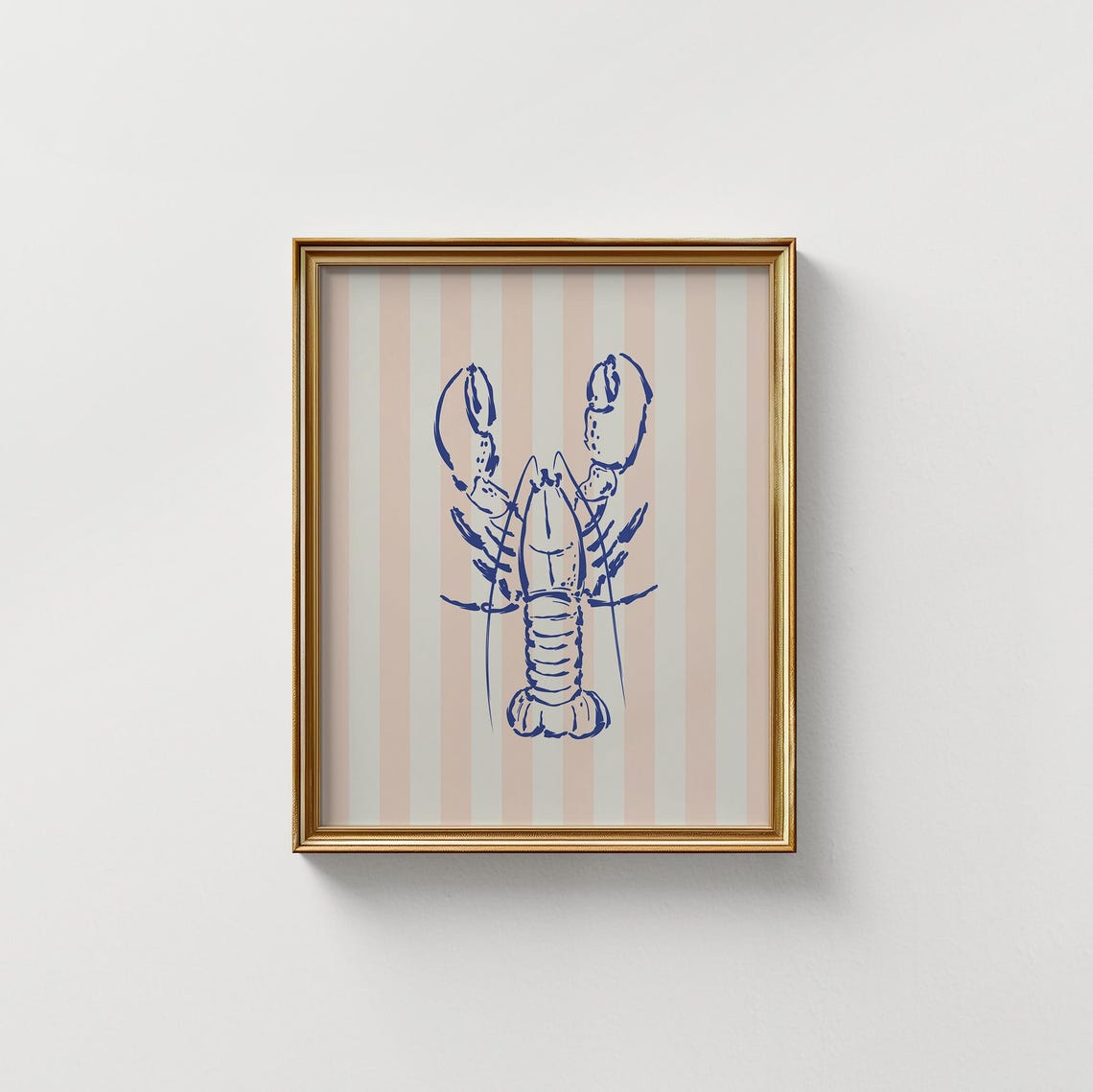 Peach Striped Blue Lobster Line Art Coastal Kitchen Wall Poster - Image 4