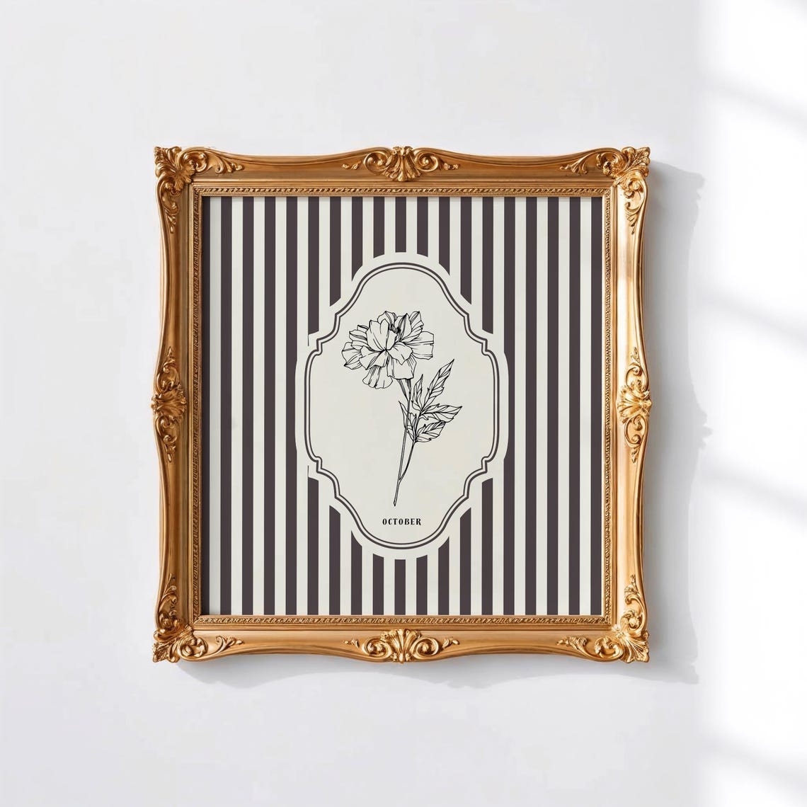 October Birth Month Marigold Botanical Thin Line Art Striped Print