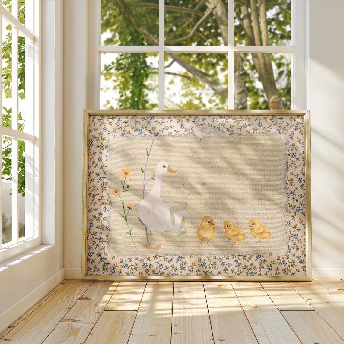 Vintage Mother Duck and Chick Art Print, Cottagecore